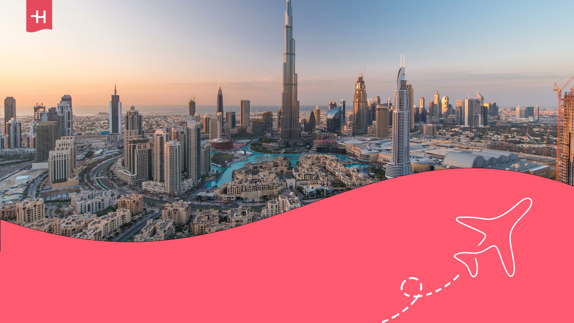 Aerial view of the Dubai skyline at dusk. Holafly logo on the top left corner, and an illustration of an aeroplane on the bottom right corner.