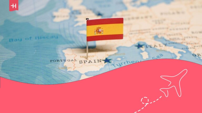 Close-up map of Europe with Spain at the centre and the Spanish flag in the middle of the map. Holafly logo on the top left corner and an illustration of an aeroplane on the bottom right corner.