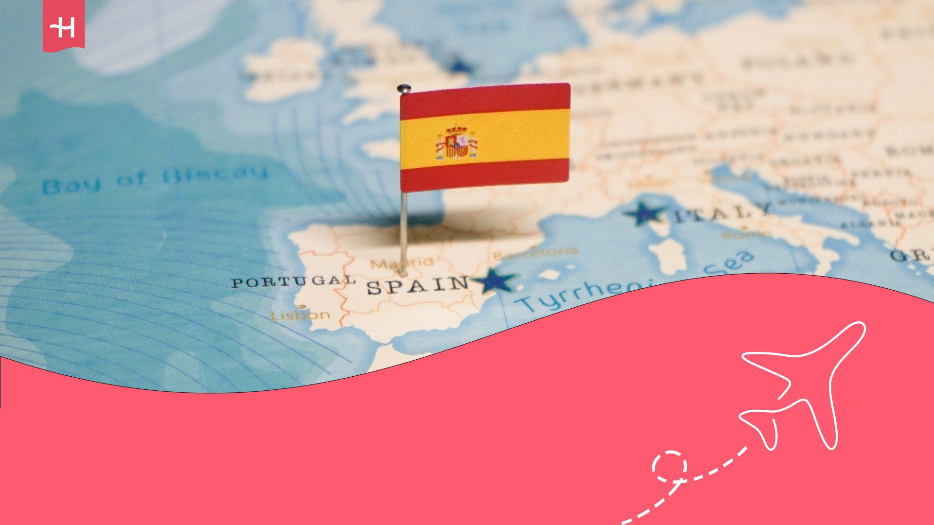 Close-up map of Europe with Spain at the centre and the Spanish flag in the middle of the map. Holafly logo on the top left corner and an illustration of an aeroplane on the bottom right corner.