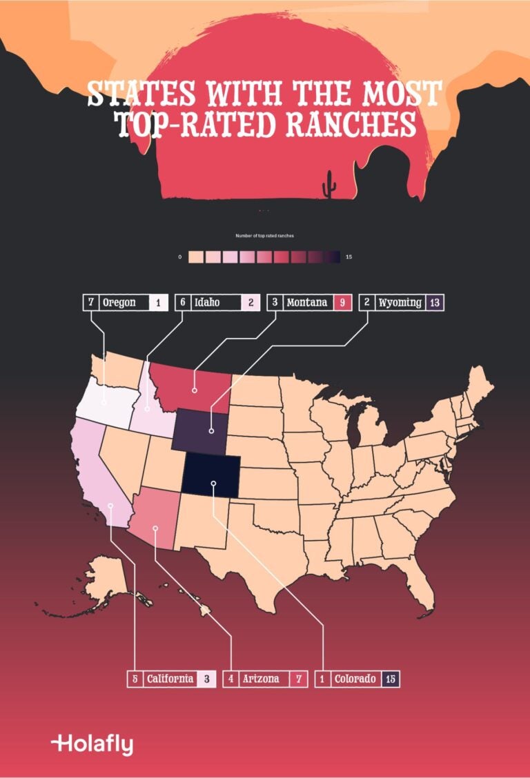 A map highlighting the states with the most top-rated ranches