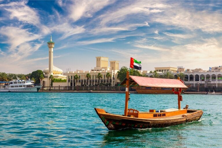 An abra, one of the traditional forms of transportation in Dubai, sitting on the water