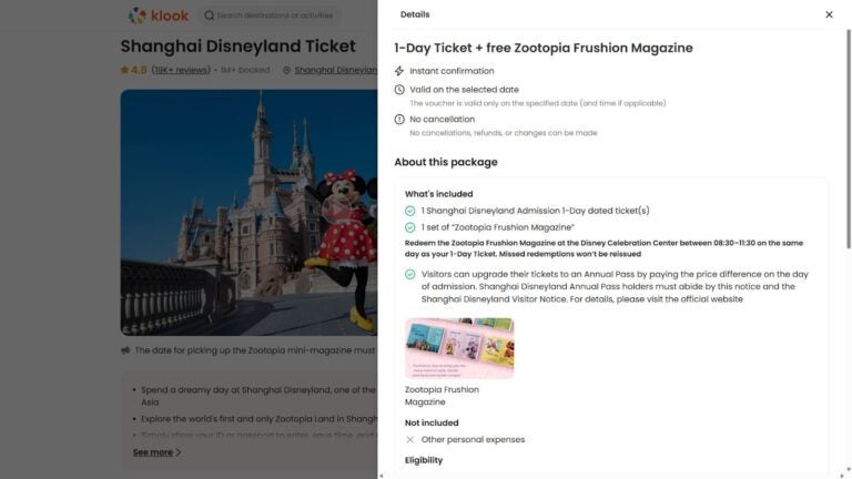 Klook booking page for Shanghai Disneyland Ticket