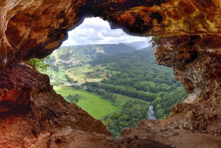 Camuy River Cave Park with a green landscape in the background in puerto rico