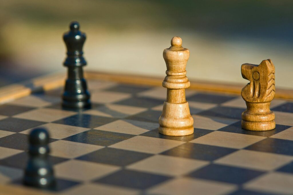 Black and white chess pieces on a board