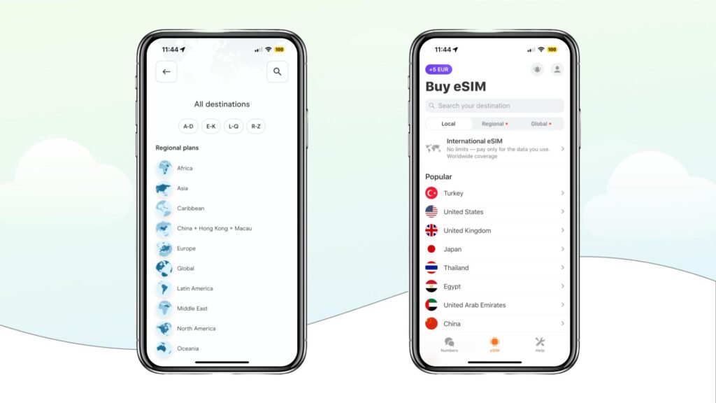 eSIM purchase screen on Holafly (left) and Yesim (right) apps.