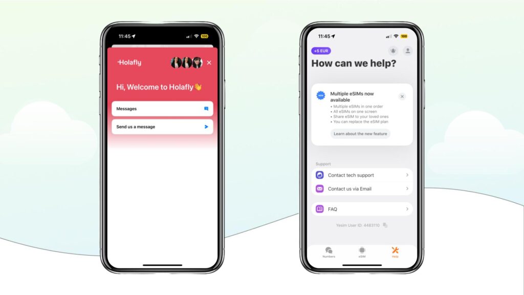 Accessing live chat on Holafly (left) and Yesim (right) apps.