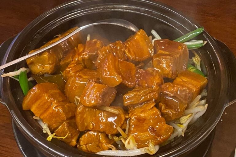 Braised pork with bean shoots in a dark brown ceramic bowl with a silver spoon resting on the left side.