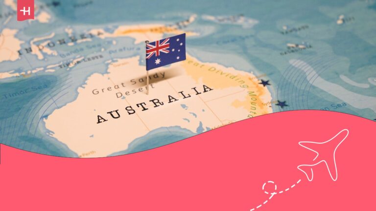 Close-up of a map of Australia with an Australian flag in the middle of the map. The Holafly logo on the top left corner and an illustration of an aeroplane on the bottom right corner.