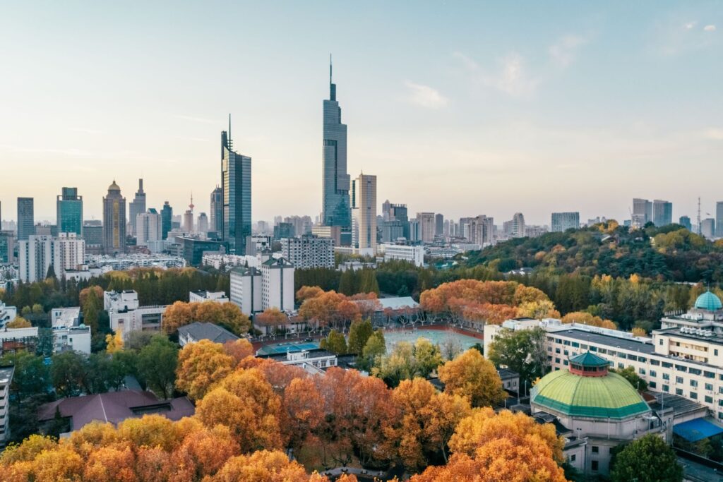 Aerial view of the town of Nanjing and its trees.