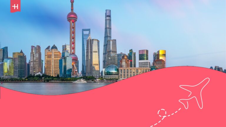 Shanghai skyline with Holafly logo on the top right corner, and an illustration of an aeroplane on the bottom right corner.