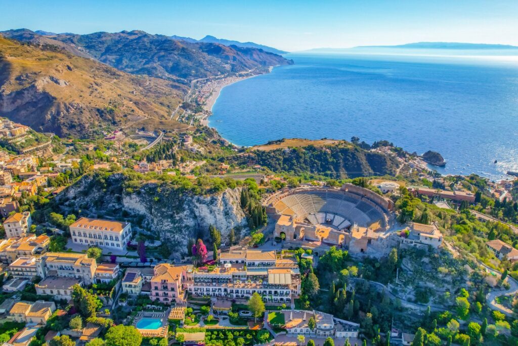 Aerial view of the island of Sicily and the surrounding ocean.