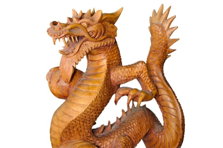 Up-close view wooden carved dragon.