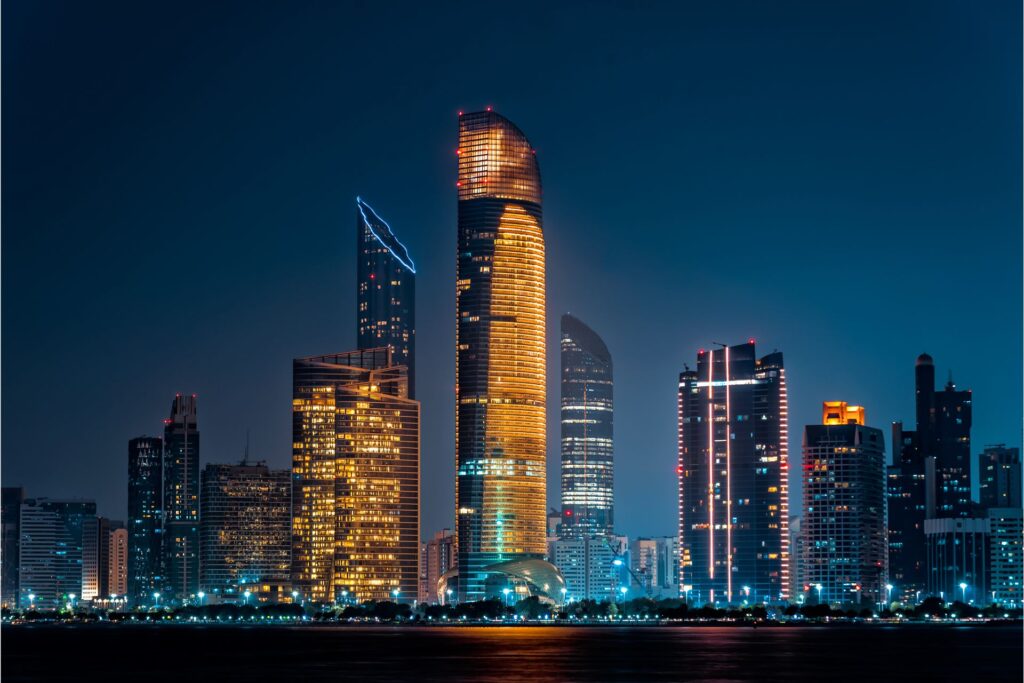 Abu Dhabi skyline at night.