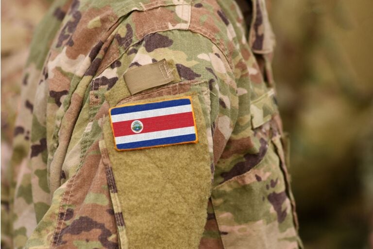 Close-up of the Costa Rican military uniform with the Costa Rican flag on the sleeve.