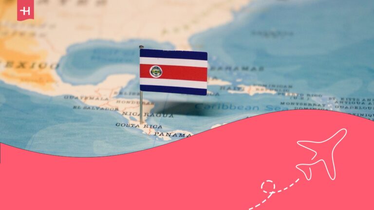Close-up of a map of Costa Rica with the Costa Rican flag in the middle. Holafly logo on the top left corner and an illustration of an aeroplane on the bottom right corner.