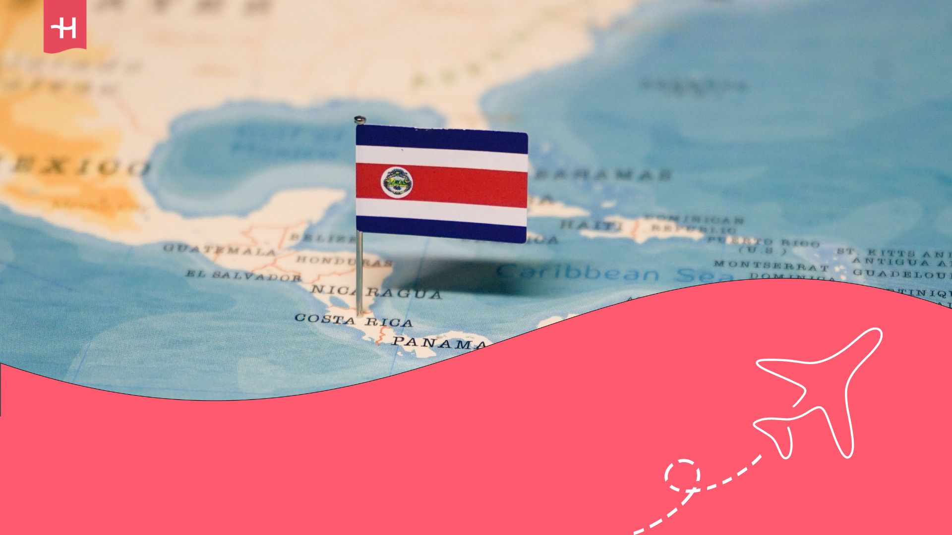 Close-up of a map of Costa Rica with the Costa Rican flag in the middle. Holafly logo on the top left corner and an illustration of an aeroplane on the bottom right corner.