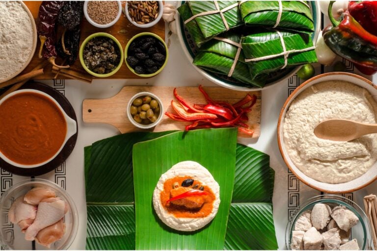 Birdseye view of a table setting with traditional Costa Rican food, such as chicken, wrapped tamales, and spices, made during Christmas.