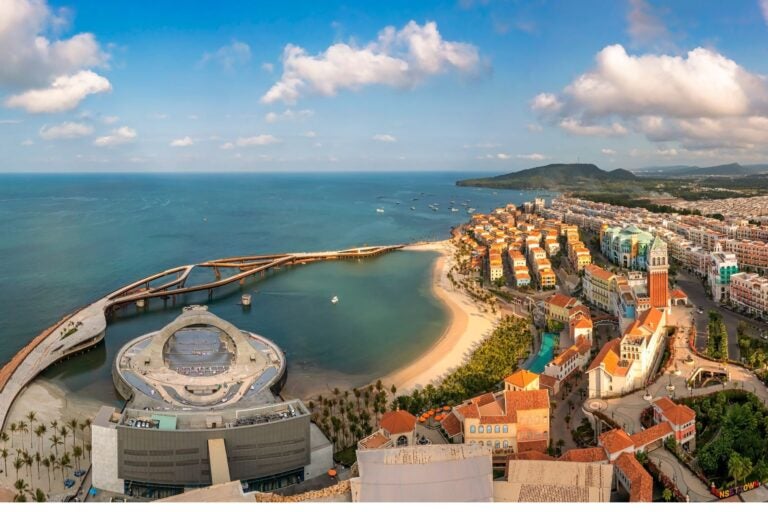 Aerial view of the ocean, pier and the building of Phu Quoc.