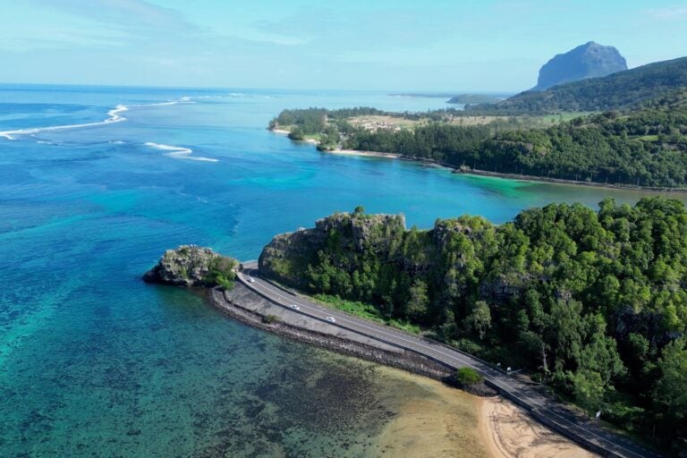 Aerial view of the ocean, winding road, trees, and mountains in Port Louise,