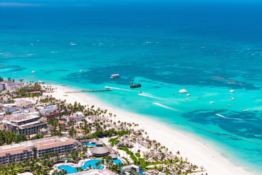 Aerial view of Punta Cana's resort strip and shoreline.