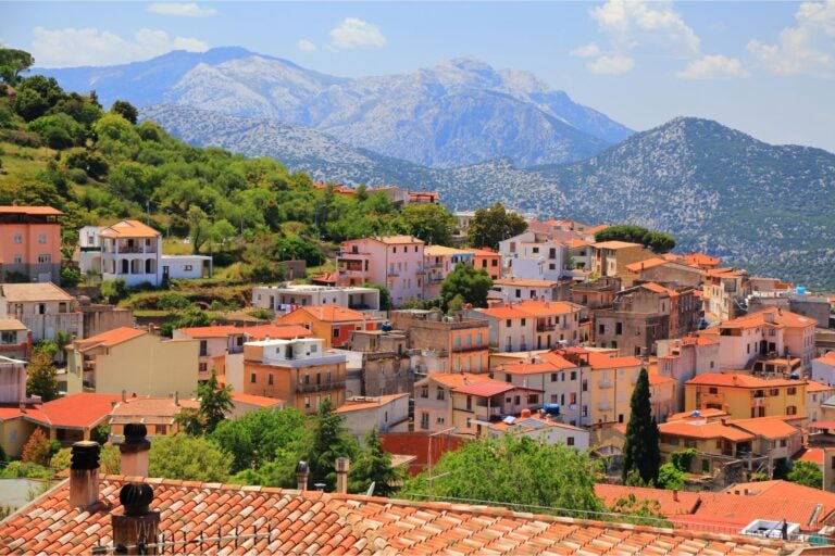Aerial view of the town of Sardinia and surrounding mountains.