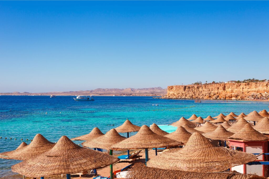 Large straw umbrellas and day beds dotted along the Red Sea.