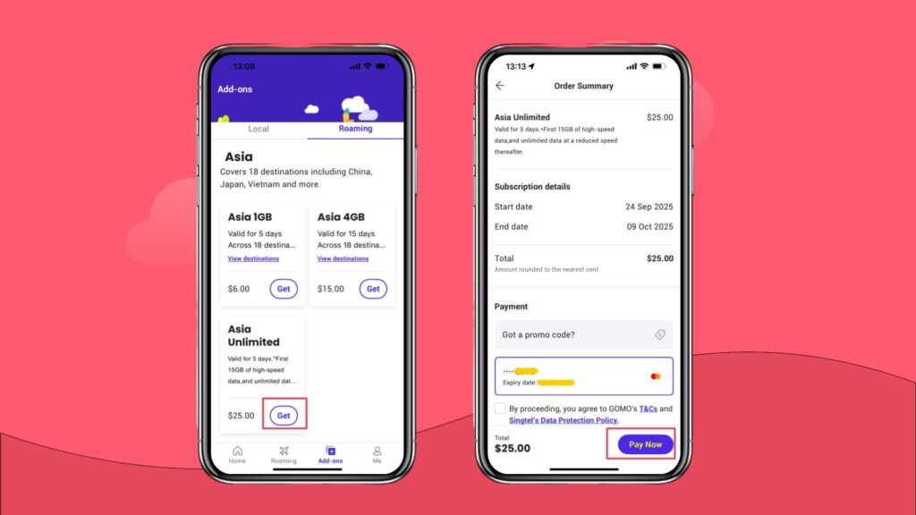 GOMO add-ons Asia roaming for China