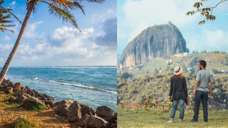 Colombian coastline and two travelers overlooking the Rock of Guatapé.