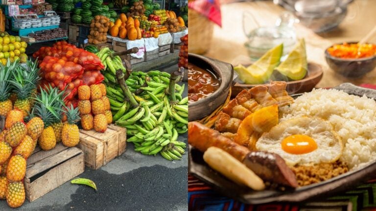 Colombian fruit market beside a traditional meal with rice, beans, egg, meat, and avocado.