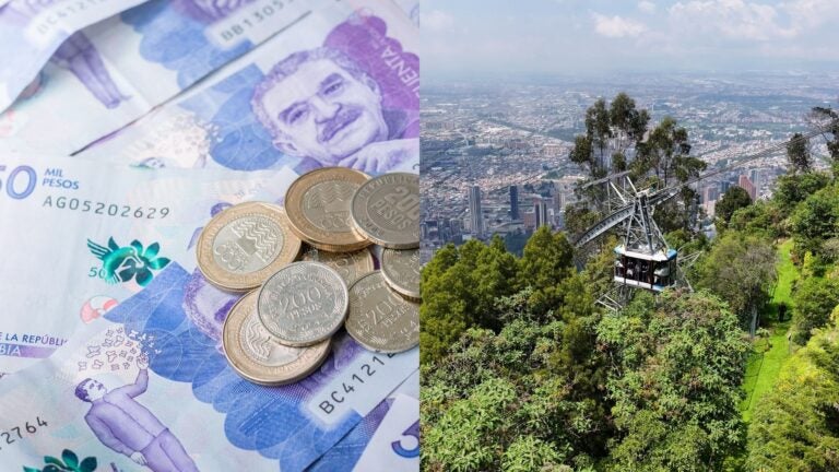Colombian pesos beside a cable car overlooking Bogotá.