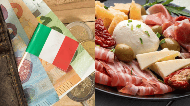 euro cash italian flag and food