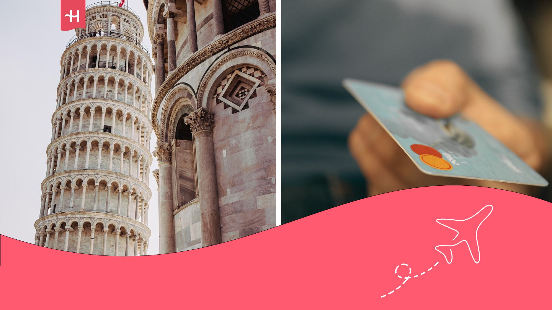 The Leaning Tower of Pisa and a credit card next to it.