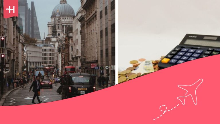 Street in London and a calculator with coins and banknotes.