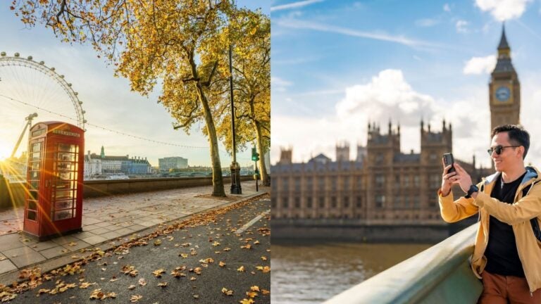 collage of a man in front of the clock tower and a typical red phone booth in London