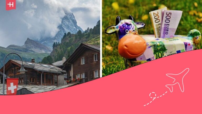 Swiss landscape with houses and mountains, next to a cow-shaped money box with euro banknotes.