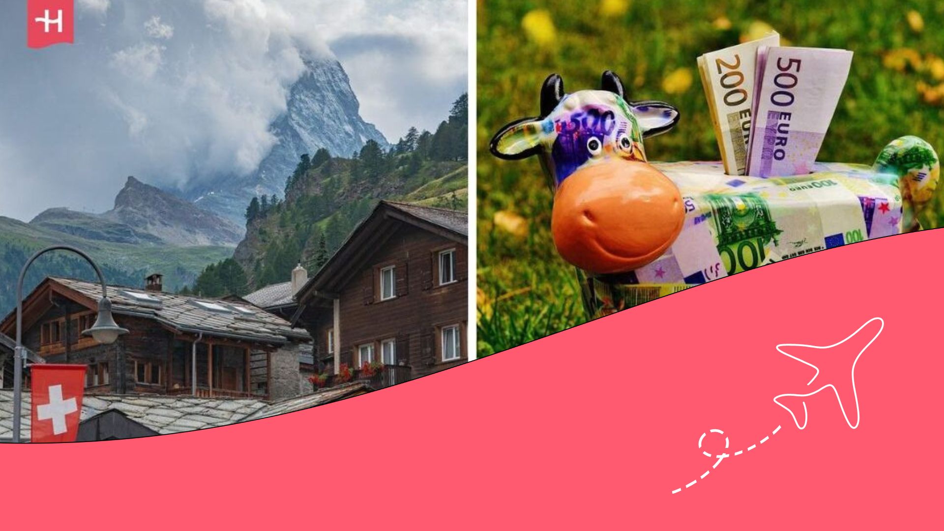 Swiss landscape with houses and mountains, next to a cow-shaped money box with euro banknotes.