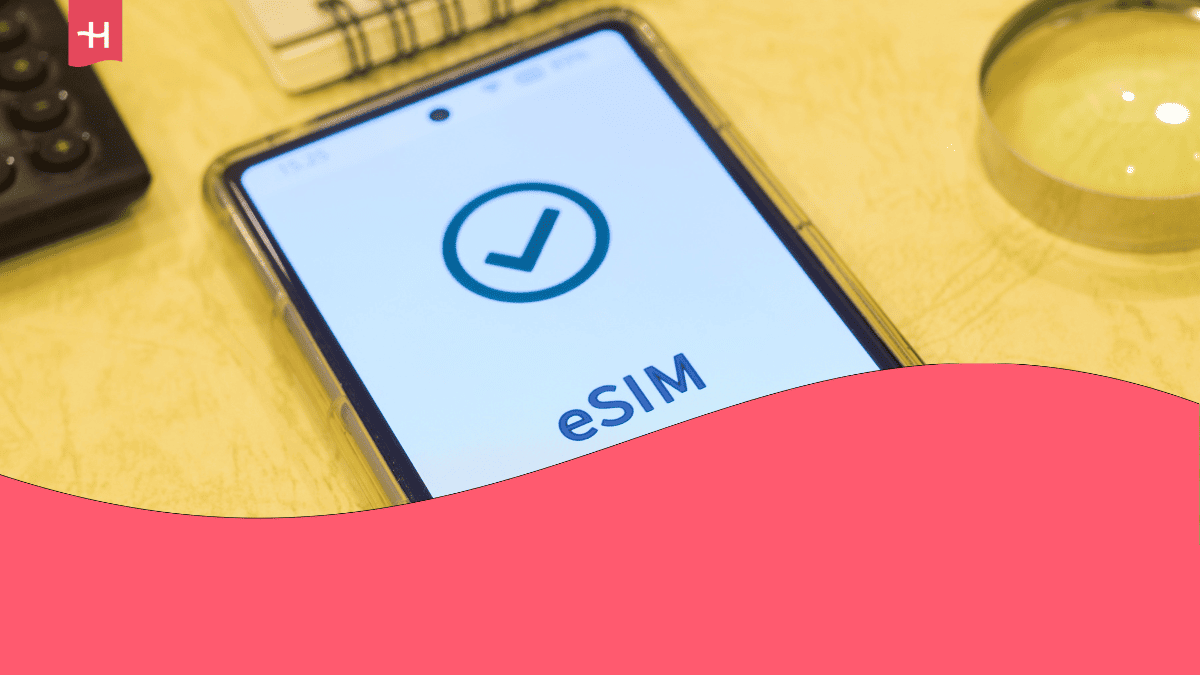 Picture of a smartphone with the text "eSIM" and a check mark as featured image for an article about the OnePlus eSIM