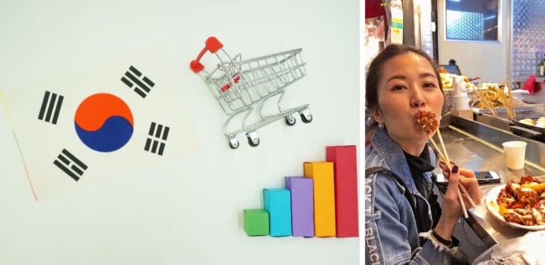 a collage of a Korean girl eating crispy street food and the South Korea's flag