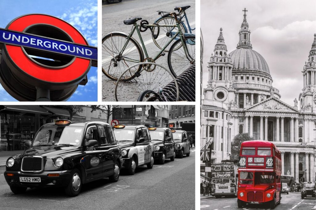 London Underground, bicycle, red double-decker bus, and black cabs.