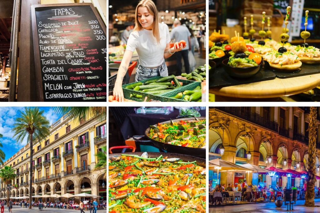 Restaurants in Barcelona, paella, tapas and a girl shopping in the supermarket.