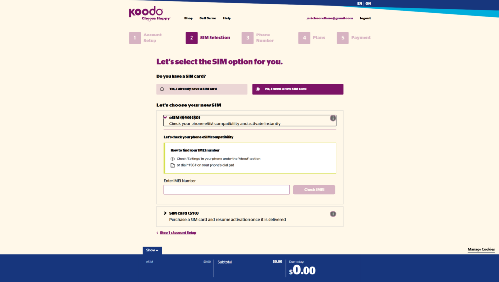 Koodo Prepaid eSIM activation page
