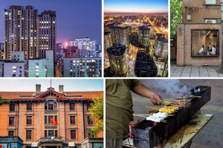 Neighbourhoods in Beijing such as Dongcheng, Sanlitun, and Wudaokou, with buildings, a café, and a street food stall.