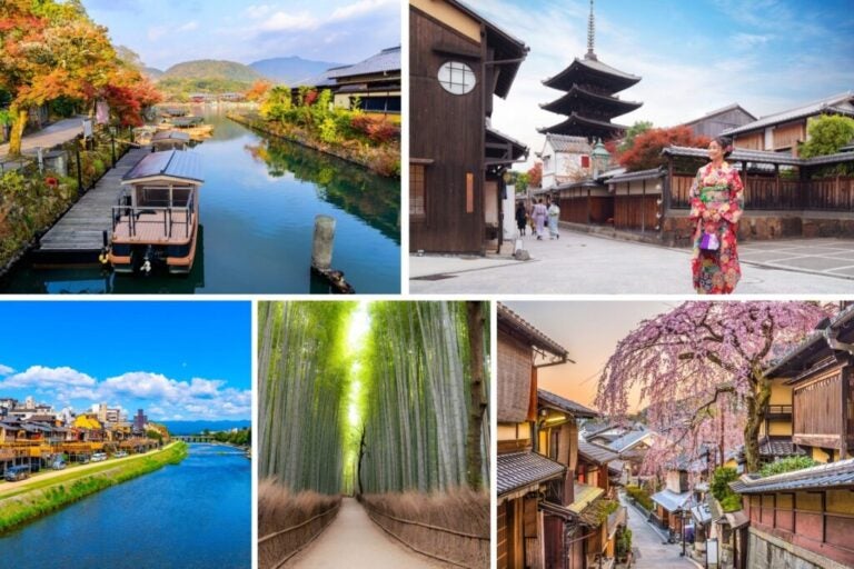 Neighbourhoods of Tokyo: Arashiyama, Gion and Kawaramachi, with temples, forests, houses and geishas.