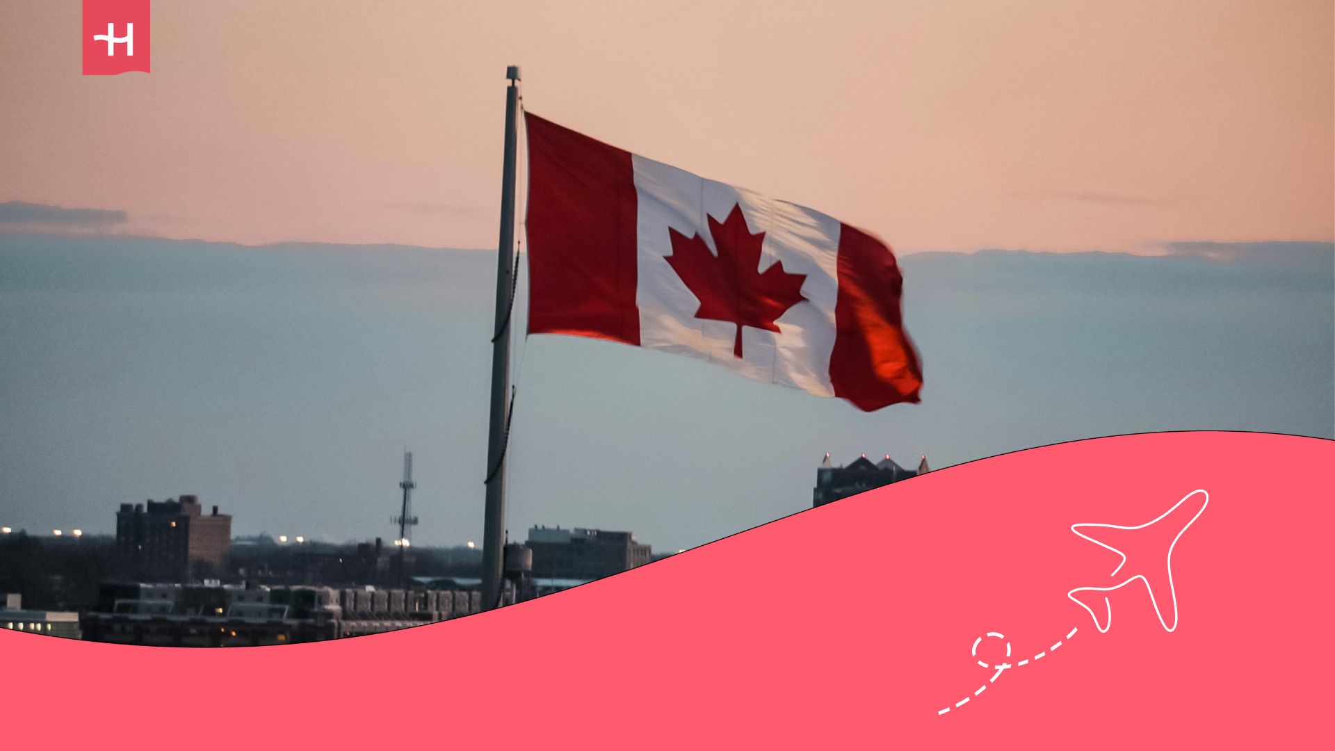 flag of Canada with a cityscape in the background