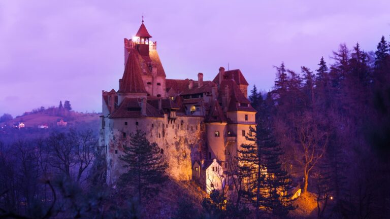 Haunted castles in Europe: Bran Castle, Romania, at night during the Halloween season