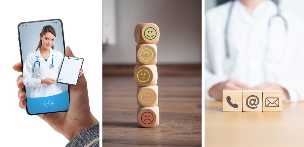 Doctor on a phone consultation and images showing digital assistance channels and customer satisfaction.