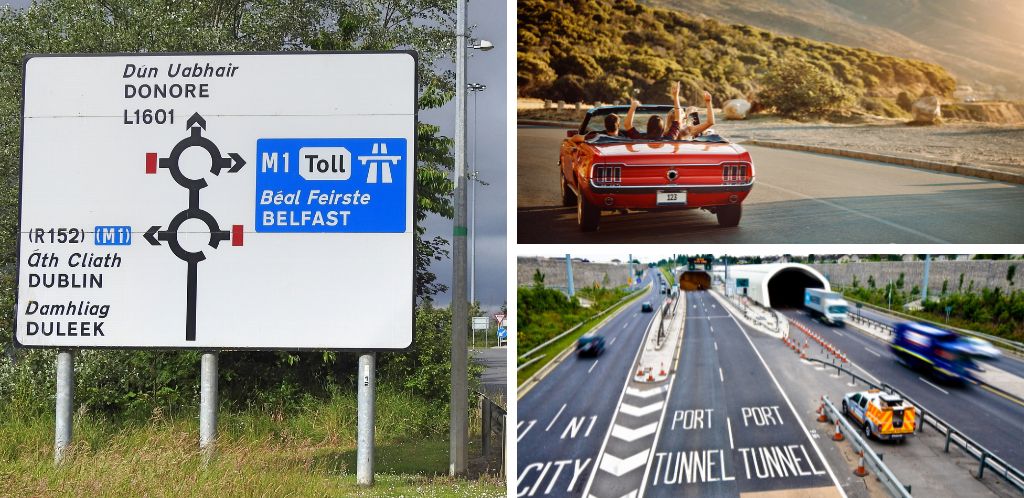 Friends travelling by car in Ireland, road signs and Dublin traffic
