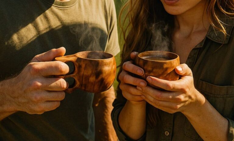 A man and a woman warm their hands on wooden mugs of kuksa coffee