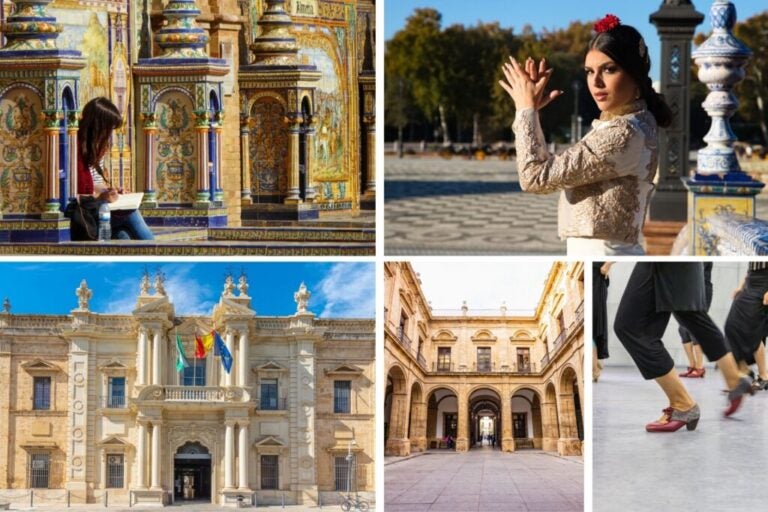 University of Seville, woman dressed in flamenco costume and person tapping her heels.