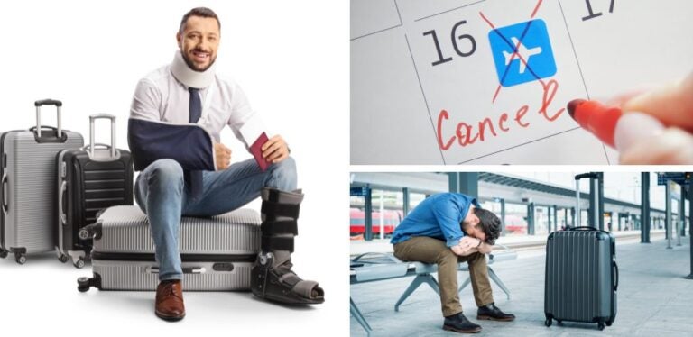 Ocaso Travel Insurance Reviews: traveler with a broken arm, canceled trip, and traveler waiting for delayed transportation.